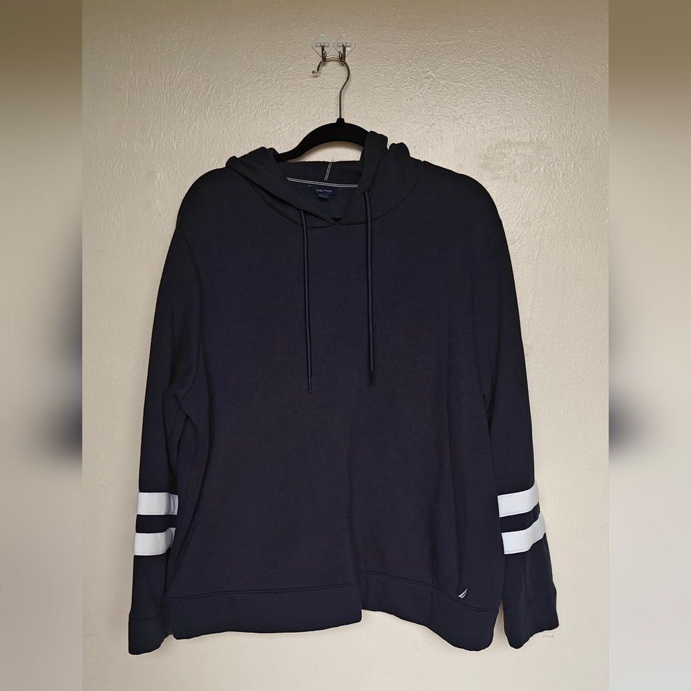 Plus Size Navy Blue White Stripes Fleece Pullover Hoodie Size XXL